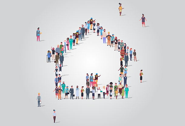 image: house shape made of human figures (iStockphoto)