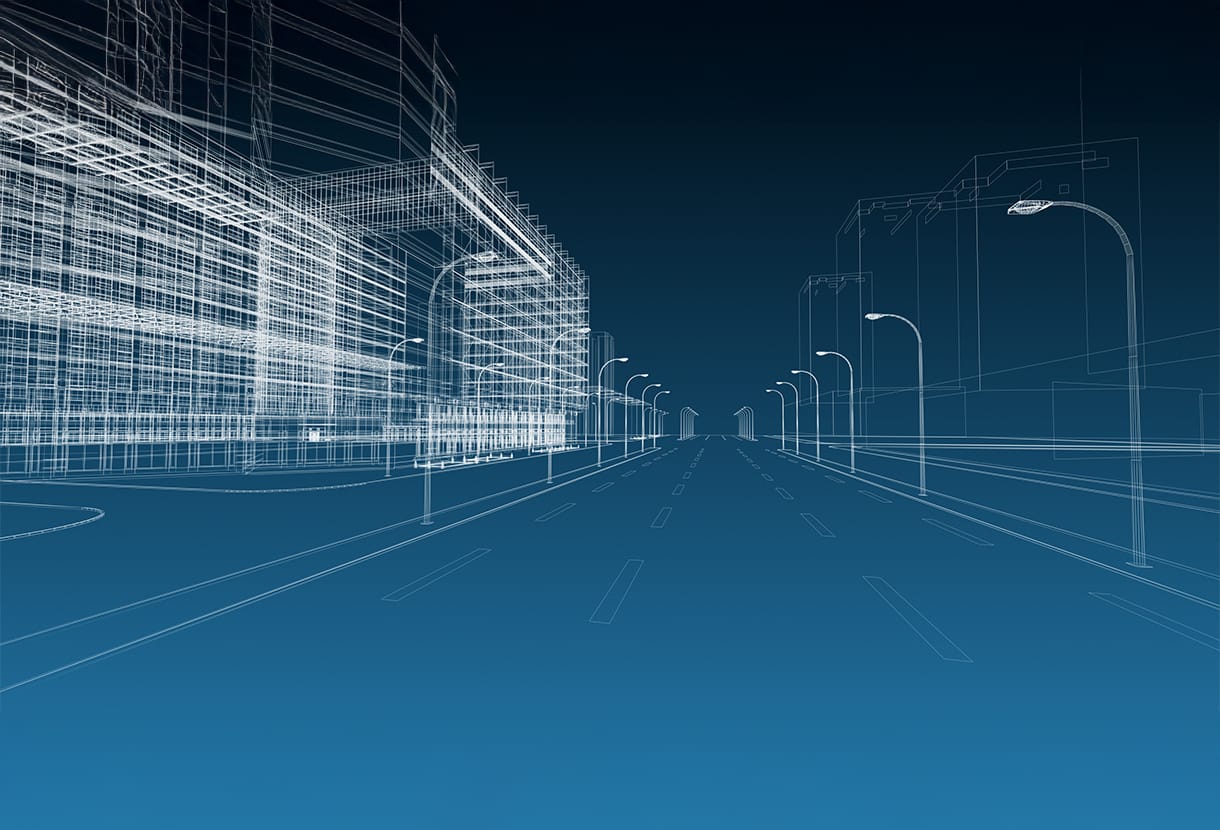 image: street scene with large building in architectural blueprint style (iStockphoto)