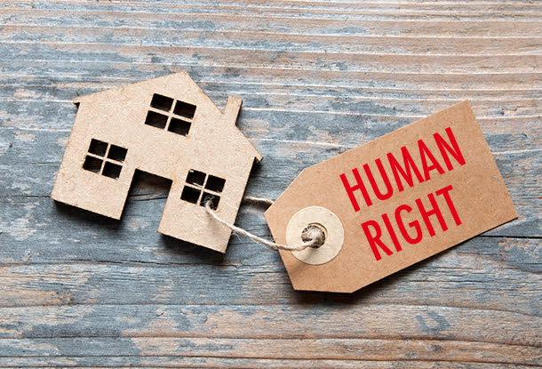Small flat wood house with tag that reads "Human Right" (iStockphoto)