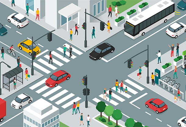illustration: isometric image of busy city block (iStockphoto)