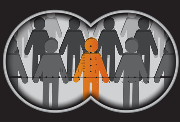 image: people icons visible through binocular scope (iStockphoto)