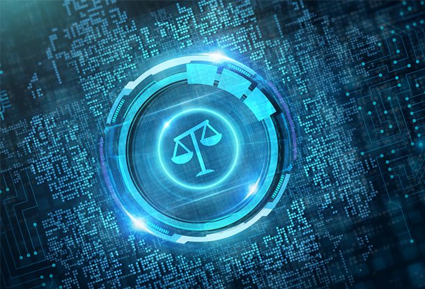 image: legal balance with data squares in background (iStockphoto)