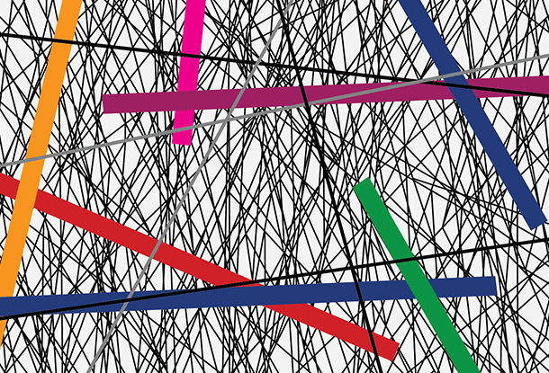 Abstract image: colourful bars over a matrix of lines (Maytree)