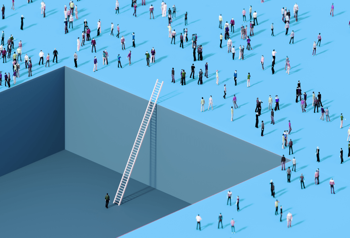 image: lone figure in a square hole with a long ladder to climb out (iStockphoto)