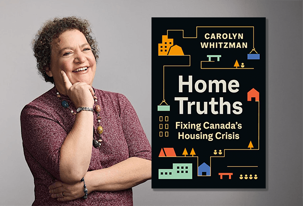 image: author Carolyn Whitzman and book cover of "Home Truths"