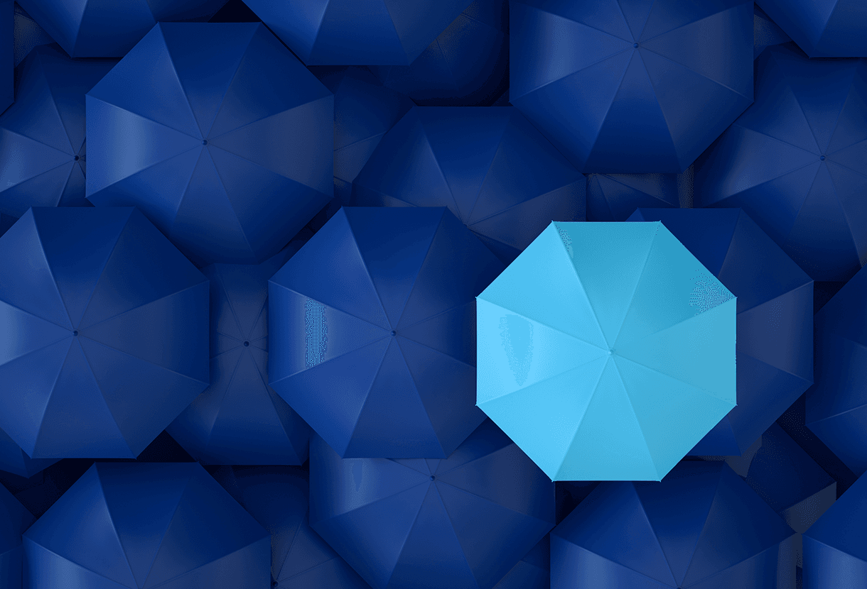 Image: abstract image of one light umbrella in a field of dark umbrellas, illustrating the concept of shelter