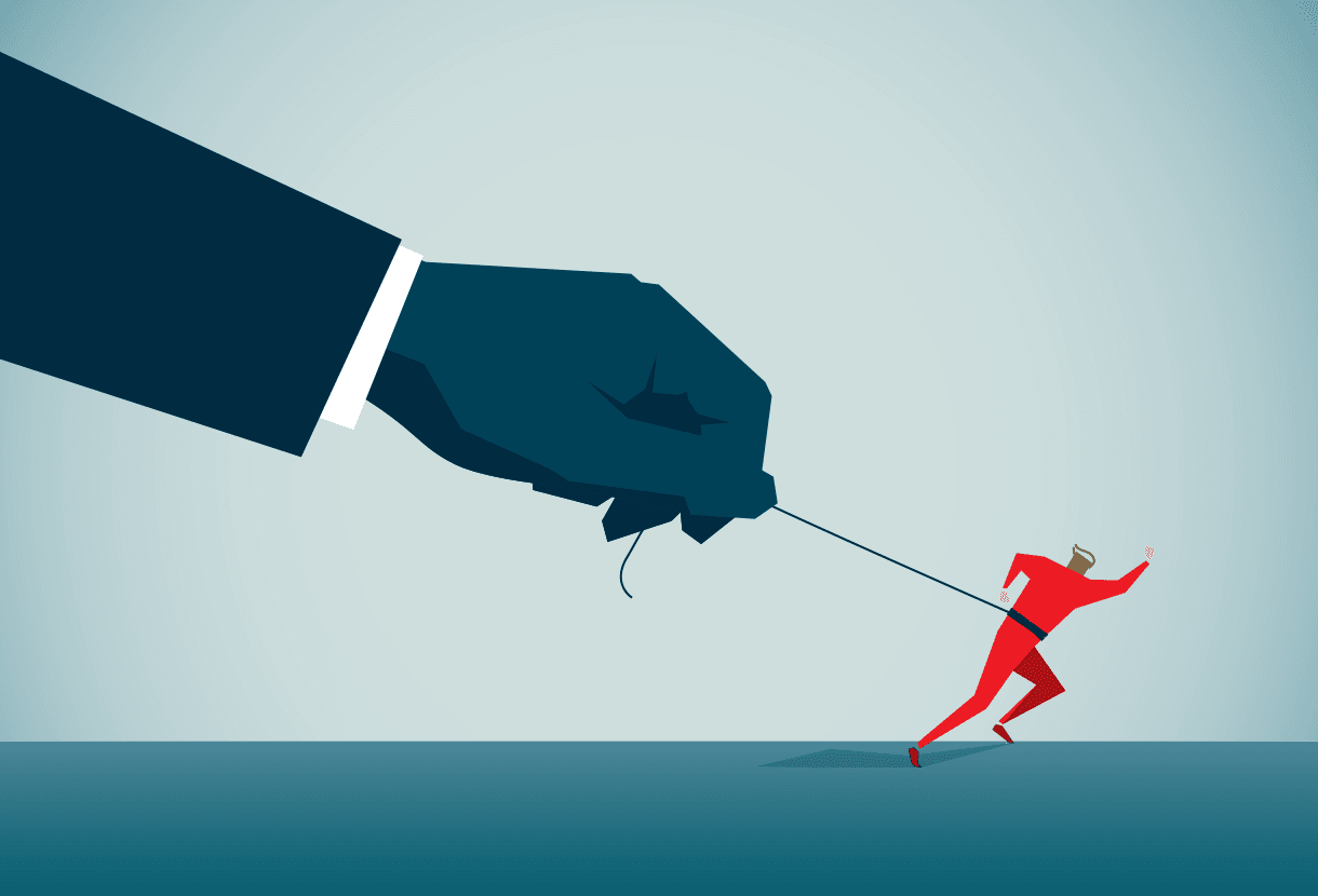 image: small running figure tied to a string being held back by a giant hand (iStockphoto)