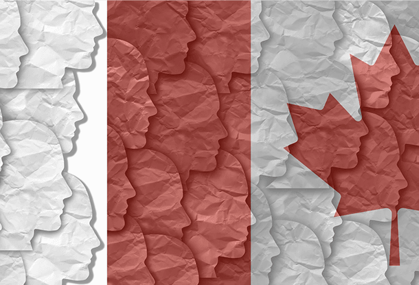 image illustration: profile heads, some of which are united by the flag of Canada, others are excluded (iStockphoto, Maytree)