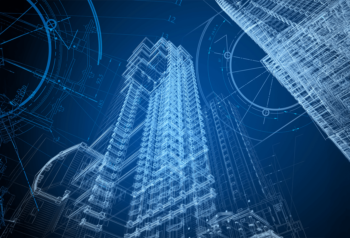image: worm's-eye view of skyscrapers in architectural blueprint style (iStockphoto)